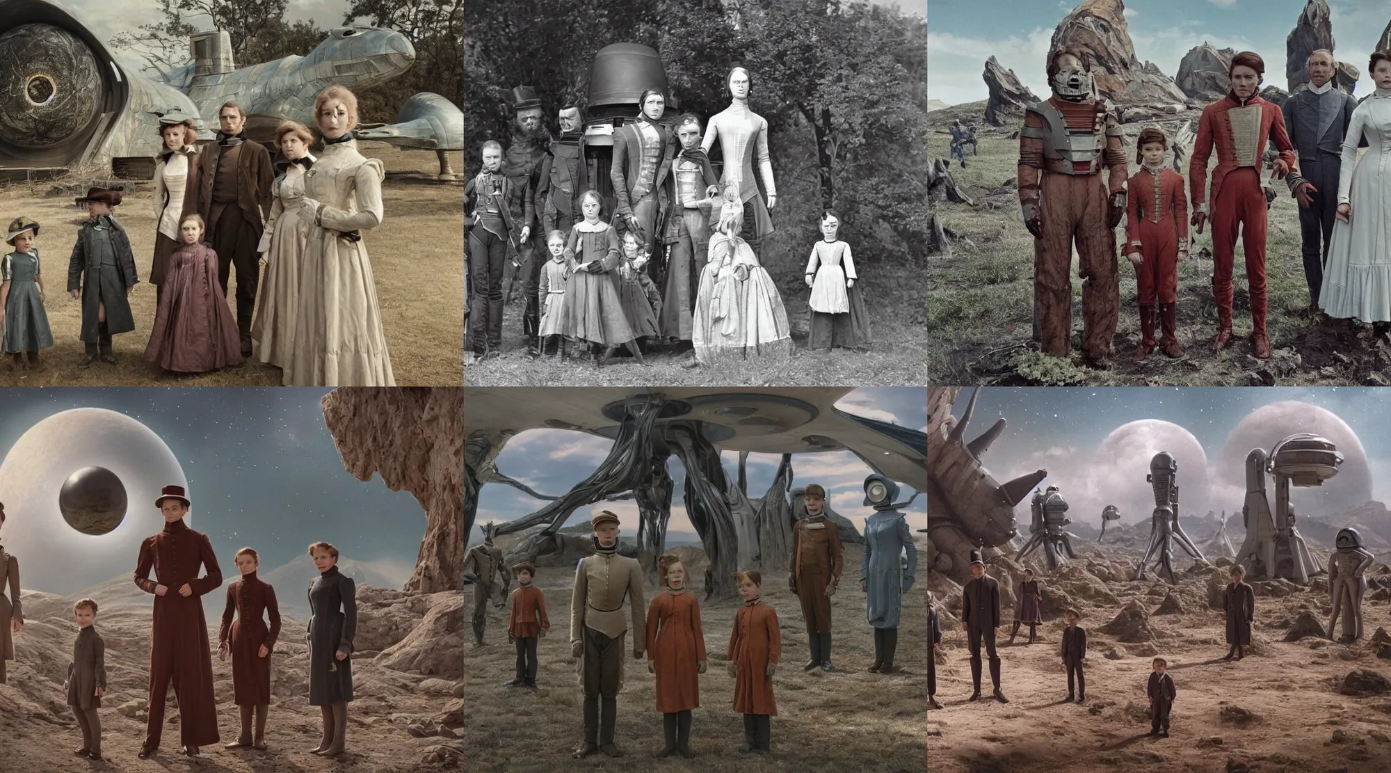 Prompt: sharp, detailed, 256k film still from a sci fi color movie made in 2022, set in 1860, of a family standing in front of a spaceship that has just landed on an alien planet, a humanoid alien creature stands nearby, the family are all wearing 1850s era clothes, cinematic lighting, good photography, sharp focus