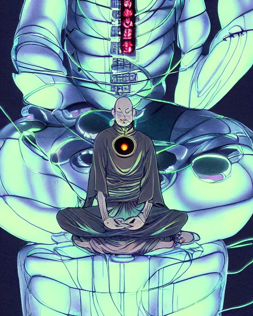 Prompt: cyborg buddhist monk meditating connected to cables in Ghost in the Shell anime, 90s anime style, cyberpunk,