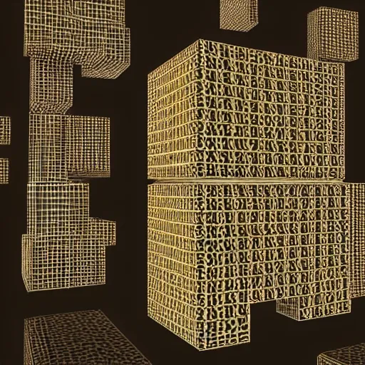 Image similar to 3 d rendering of menger sponge, the size of a building, dramatic lighting, with lights on in the windows