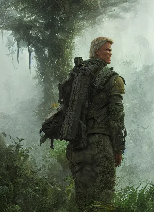 Image similar to portrait of a young richard dean anderson wearing a green combat uniform, in a post apocalyptic rio de janeiro overgrown with plants, by wlop, luis royo and greg rutkowski, cover illustration, concept art, volumetric lighting, volumetric atmosphere, sharp focus, octane render, trending on artstation, 8 k