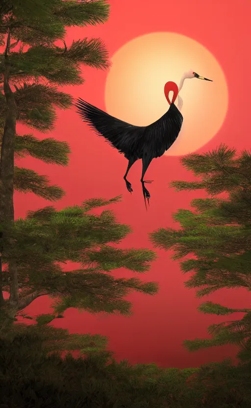 Prompt: made in blender, a huge japanese crane bird is chilling above a lake in the middle of a forest of japanese pines, a big red sun in the background, front game card, realistic rendering, high details, trending on behance, 8k, stunning, volumetric lights
