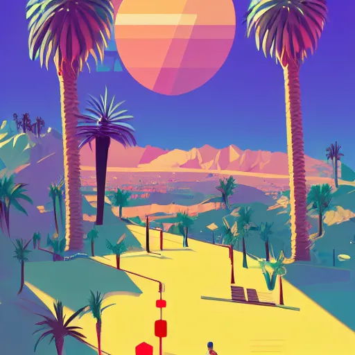 Image similar to a beautiful illustration of palm springs by James gilleard, artstation HD, geometric lines, HD, 4k, 8k