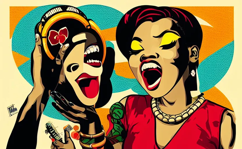 Image similar to mama africa laugh at her child!!! pop art, pixel, bioshock, gta chinatown, artgerm, richard hamilton, mimmo rottela, julian opie, aya takano, intricate, sharp focus, concept art, smooth