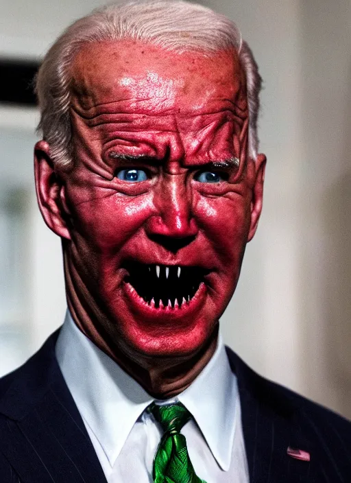 Image similar to hyper realistic terror photo Doom horror furious glowing red eyes biden