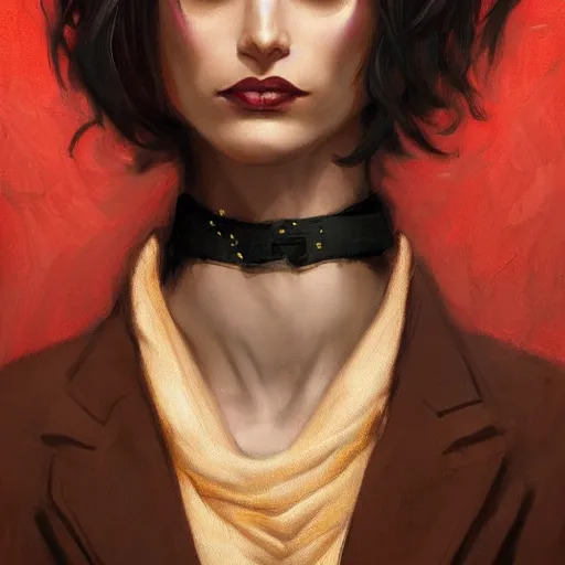 Image similar to portrait of a beautiful nonbinary actor with dark tan skin and messy short red hair wearing a men's suit, she has elf ears and gold eyes, by Gerald Brom and Ross Tran, trending on artstation