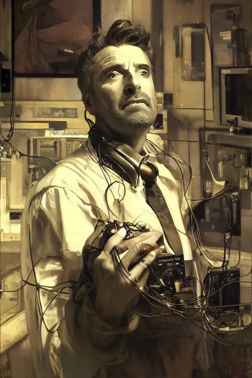 Image similar to hyperrealist portrait of rod sterling, it is decorated with wires and monitors in the background. by jeremy mann and alphonse mucha, fantasy art, photo realistic, dynamic lighting, artstation, poster, volumetric lighting, very detailed faces, 4 k, award winning