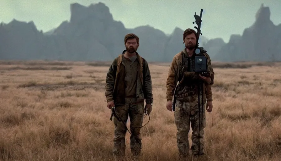 Prompt: lone survivor man holding a walkie!! in post - apocalyptic nature landscape. movie screenshot. lush composition by wes anderson, shallow depth of field, cinematic. cinematic composition
