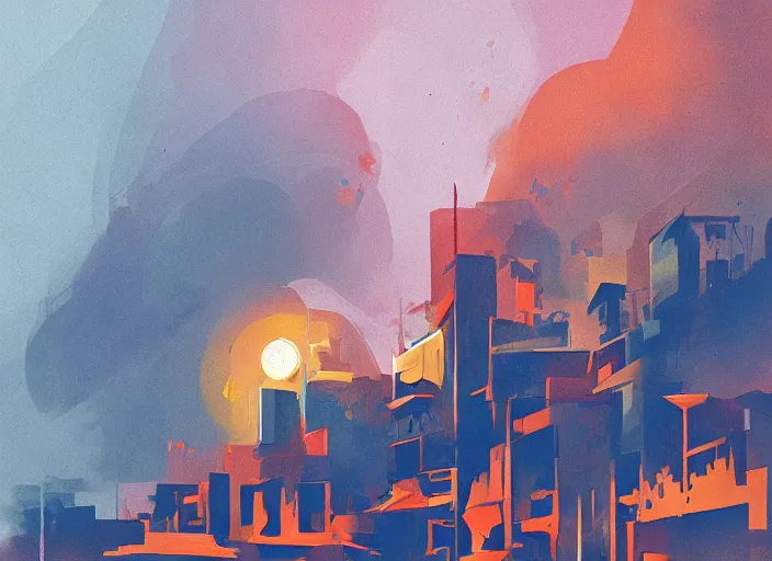 Image similar to editorial illustration by Karolis Strautniekas and Mads Berg, colorful, city of the lost,sky on fire, fine texture, detailed, matte colors, film noir, dramatic lighting, dynamic composition, moody, vivid, volumetric