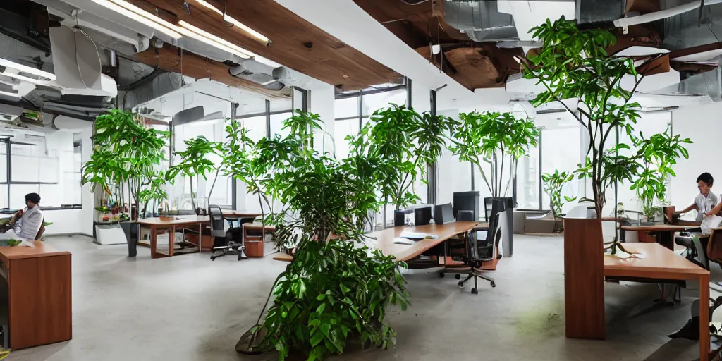 Image similar to an indonesia themed work space interior, walnut wood, minimalism, large windows, multiple desks, meeting desks, technology, cupboards, green plants, large windows with a view of a park, industrial, concrete, bamboo, 8 k