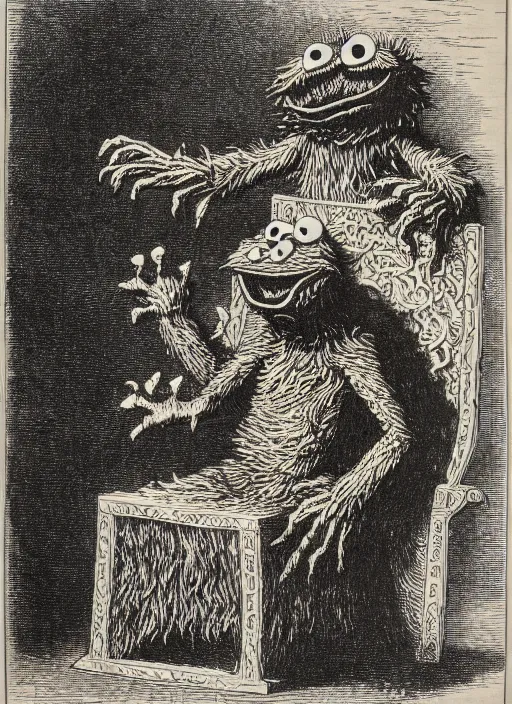 Image similar to cookie monster sits upon a throne of cookies, demon from the dictionarre infernal, etching by louis le breton, 1 8 6 9, 1 2 0 0 dpi scan, ultrasharp detail, clean scan