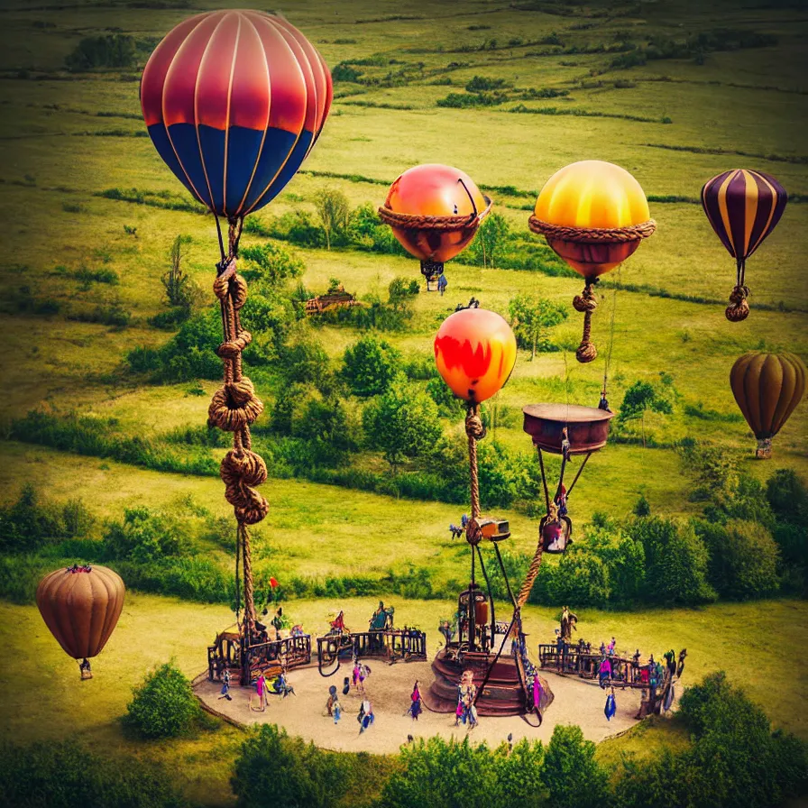 Image similar to large colorful steampunk balloons with people on rope swings underneath, flying high over the beautiful countryside landscape, professional photography, 8 0 mm telephoto lens, realistic, detailed, digital art, unreal engine