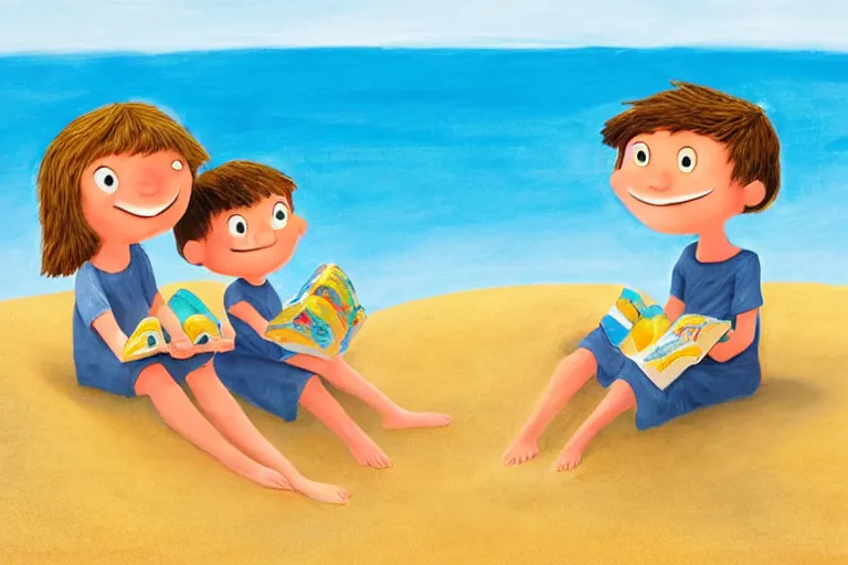 Image similar to Two happy children sitting on the beach making sandcastles, blue sky, HD, comic book frame by Benji Davies