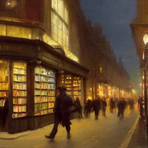 Image similar to Solomon Joseph Solomon and Richard Schmid and Jeremy Lipking victorian genre painting painting of an english 19th century english bookshop store front on a stone city streat with shops and stores at night with cozy lights