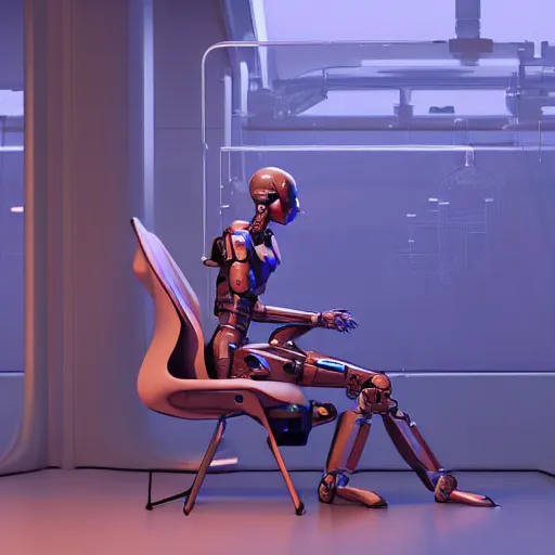 Image similar to humanoid female robot in a laboratory, sitting on a chair, cinematic, cinematic lighting, concept art, artstation, illustration, by Moebius, Jean Giraud, 4k, sharp