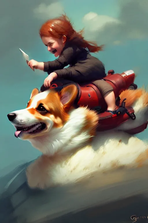 Image similar to tiny girl riding on the back of a giant corgi by greg rutkowski