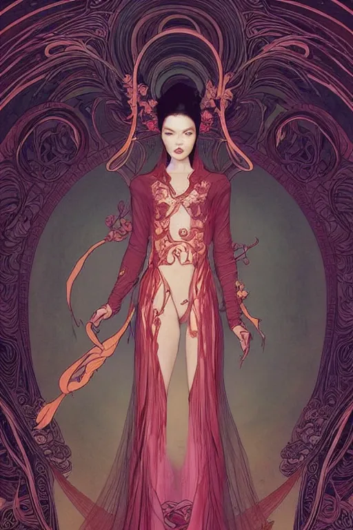 Image similar to full length portrait of a beautiful mysterious chinese fairy, no hands, by eve ventrue, michael carson, andreas rochas, john watkiss, casey weldon, artgerm. art nouveau. tarot card by mucha. gloomhaven. swirly intricate linework background. gaudy colors, sharp edges. octane render