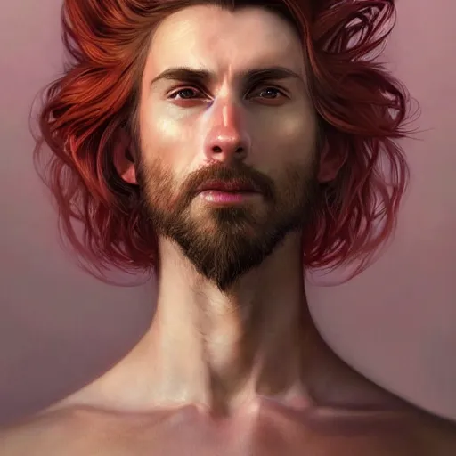 Image similar to portrait of a rat with a humanoid face, male, handsome, full body, furry chest, red hair, long hair, soft hair, fantasy, red kimono, intricate, elegant, highly detailed, suit, digital painting, artstation, concept art, character art, smooth, sharp focus, illustration, art by artgerm and greg rutkowski and alphonse mucha