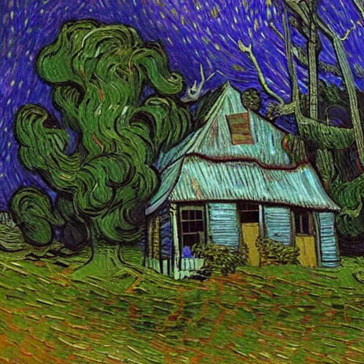 Image similar to a painting of a Eerie cabin in the middle of the woods in the style of Vincent van gogh