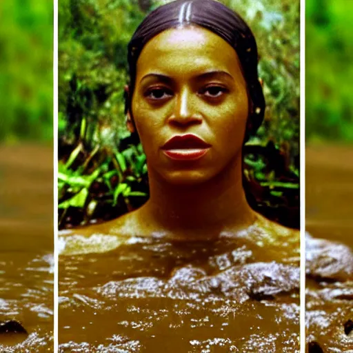 Prompt: film still, close up, beyonce rising out of muddy vietnam river, face covered in mud, low camera angle at water level, night time, film still from apocalypse now ( 1 9 7 9 ), 2 6 mm.