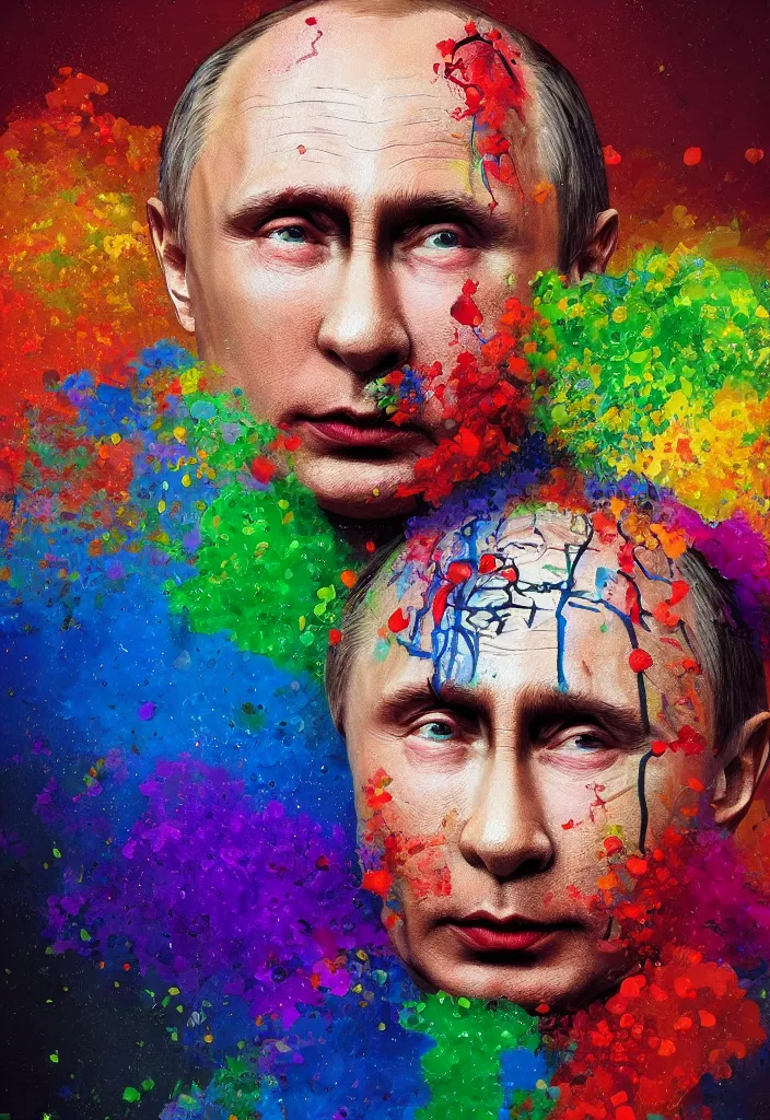 Image similar to a highly detailed portrait of Vladimir Putin as a colorful clown, gay pride flag background, intricate, digital painting, old english, particles floating, whimsical background by marc simonetti, John Singer Sargent style, masterpiece, stunning