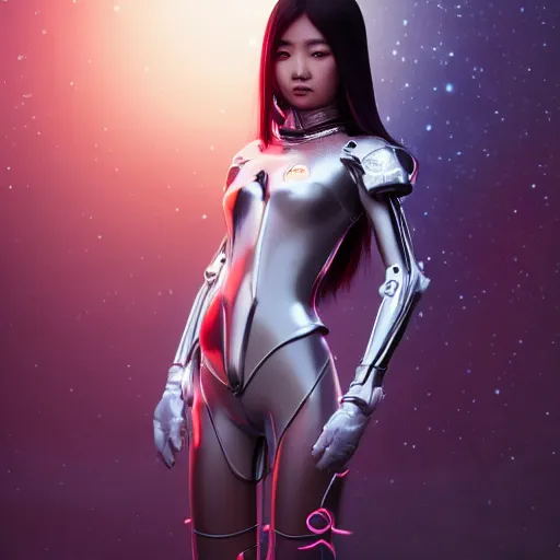 Prompt: a full body portrait of a beautiful asian girl, young with long hair, wearing futuristic space suit, space horror themed, hyper - realistic, very detailed, intricate, very sexy pose, slight smile expression, photo realistic, dramatic cinematic lighting, octane render, 4 k, ultra detailed