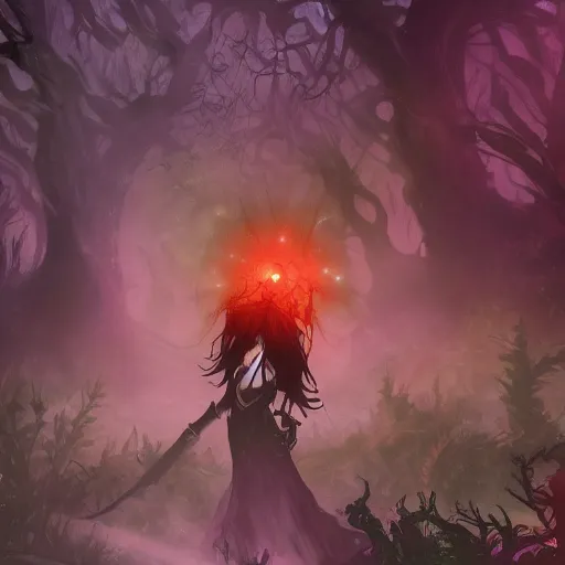 Image similar to a female necromancer is summoning her undead army in a forest, her hand emit a green vapour, dynamic pose, chromatic aberration , medium level shot, Grim fantasy, illustration ,digital painter, concept art,