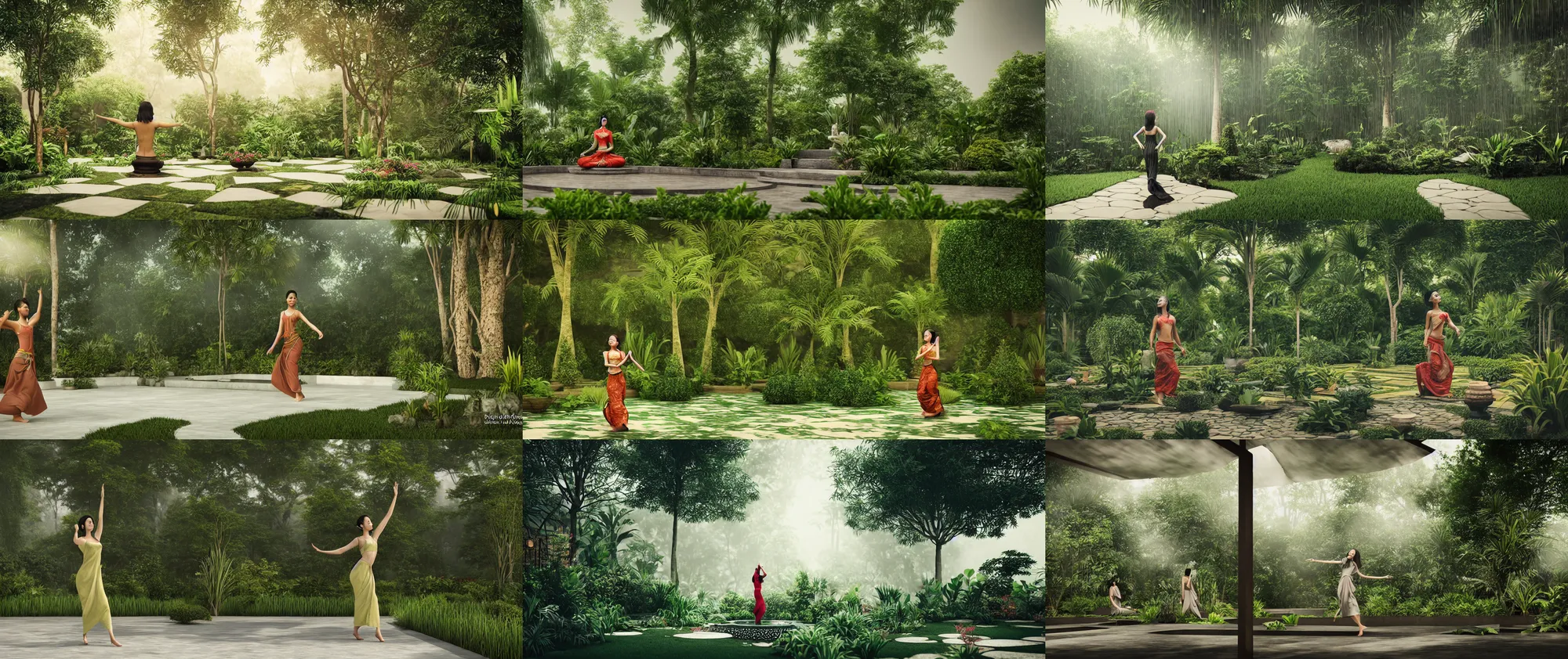 Prompt: woman dance meditation on javanese style garden, octane render, trees, evergreen, patio, garden, wet atmosphere, tender, soft light misty