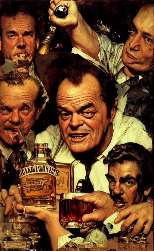 Prompt: illustration, inside a bottle of whiskey we see jack nicholson face, by norman rockwell, roberto ferri, daniel gerhartz, edd cartier, jack kirby, howard brown, tom lovell, jacob collins, dean cornwell