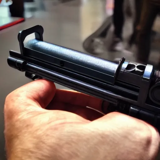 Prompt: a photo of a futuristic, 3 d printed rail gun, shot on the camera of an iphone 1 2.