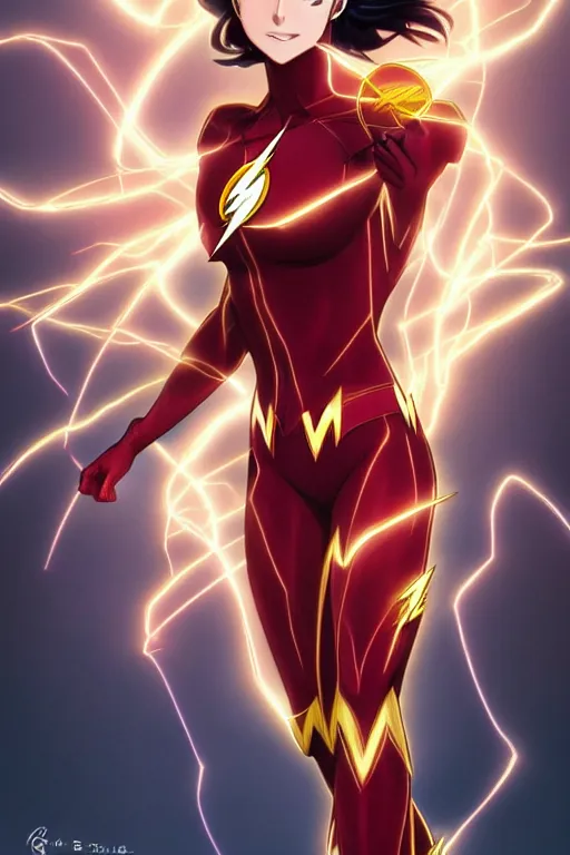 Image similar to anime key visual of a beautiful female the flash!! intricate, red, black, gold suit, powers, speed, lightning hate, dc comics, cinematic, stunning, highly detailed, digital painting, artstation, smooth, hard focus, illustration, art by artgerm and greg rutkowski and alphonse mucha