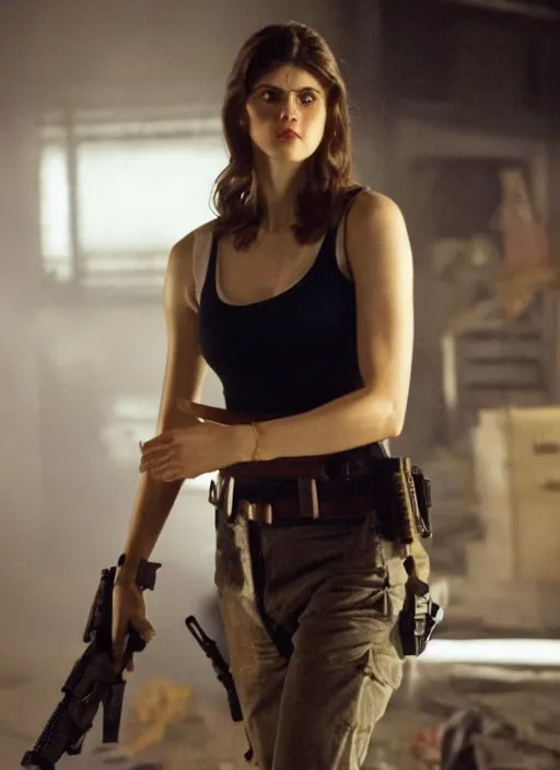 Image similar to film still of Alexandra Daddario as John McClane in Die Hard, 4k