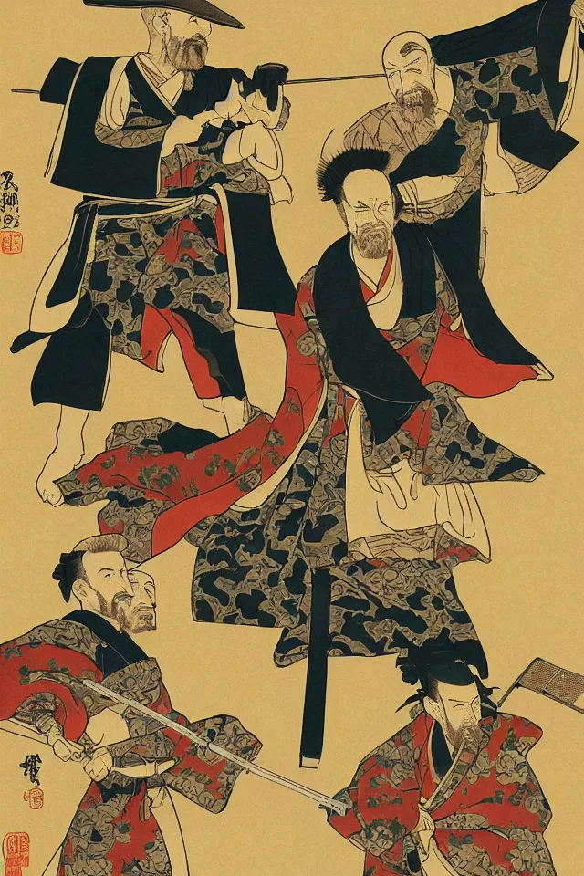 Image similar to a portrait of walter white and jesse pinkman in samurai armor, in the art style of ukiyo - e, sengoku - era art style, artistic 4 k