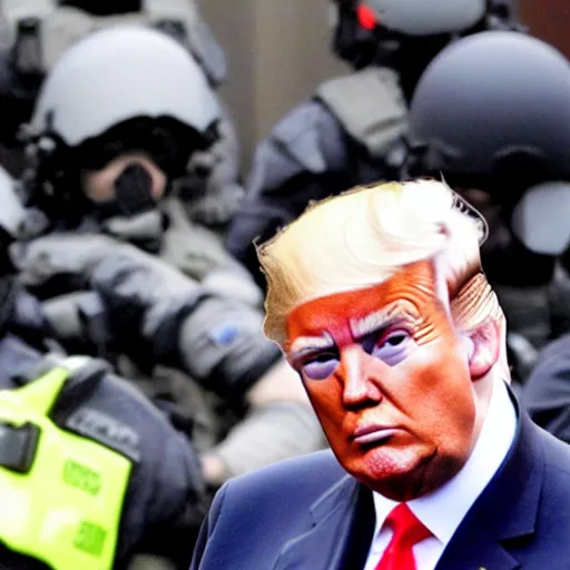 Prompt: donald trump, head in hands, swat team raid background,