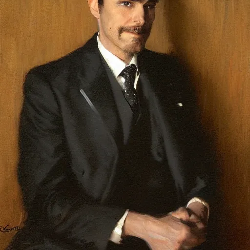 Image similar to detailed portrait of man in black suit and black coat, spring light, painting by gaston bussiere, craig mullins, j. c. leyendecker