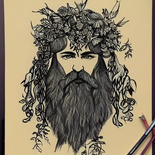 Image similar to huge male druid gray face pointy ears long beard with vines as hair hibiscus flowers detailed drawing