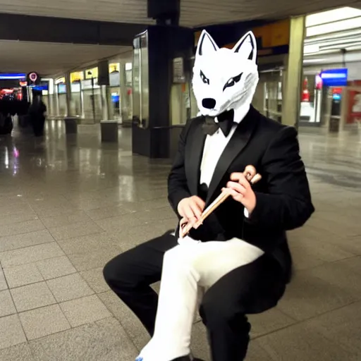 Image similar to a man in a tux wearing a white wolf mask playing the violin at a dirty metro station, unnerving, dark, disturbing, creepy, at night