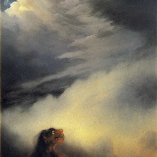 Image similar to clouds and dark smoke at night in a storm strange air animals flying, odd lighting matte oil painting by di fate and alan lee and goya