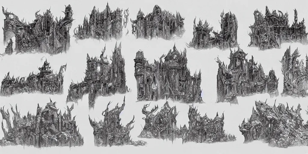 Image similar to a set of fantasy architectural concepts, drawn by luke adam hawker, world of warcraft, dungeons and dragons, concept art, sketches, ink and pen.