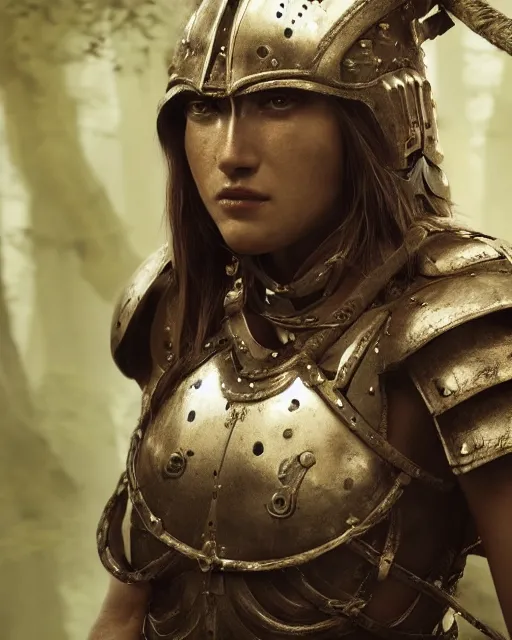 Image similar to digital art of a warrior woman in a jungle wearing heavy medieval knights armor, character art, covered in armor detailed face, beautiful face, 4 k, octane render