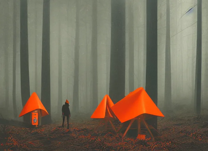 Prompt: a few orange safety cones in a beautiful strange forest a black fuzzy beast with long nose stands in the distance, cinematic painting by james jean, atomspheric lighting, moody lighting, dappled light, detailed, digital art, limited color palette, wes anderson, 2 4 mm lens, surreal