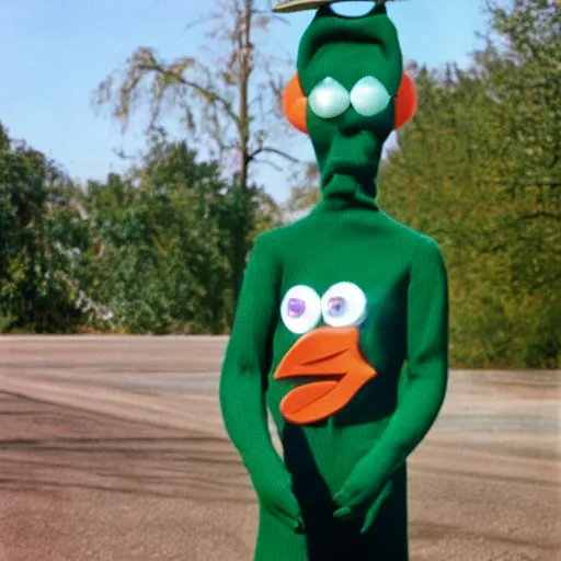 Image similar to photo of gumby as a real human with smooth shiny skin