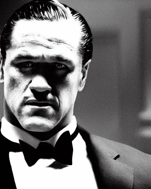 Image similar to film still close up shot of john cena as vito corleone from the movie the godfather. photographic, photography