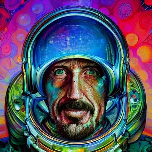 Image similar to John McAfee an extremely psychedelic experience, colorful, surreal, dramatic lighting, cosmonaut, LSD, face, detailed, intricate, elegant, highly detailed, digital painting, artstation, concept art, smooth, sharp focus, illustration, art by Sam Spratt, Dan Mumford, Artem Demura and Alphonse Mucha