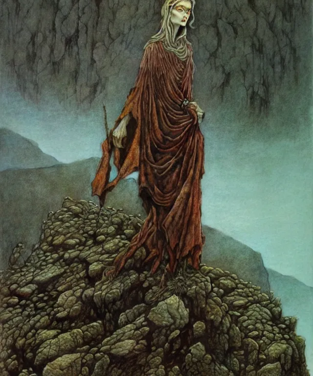 Image similar to A detailed semideer-semiwoman stands among the mountains with a pebble in hand. Wearing a ripped mantle, robe. Extremely high details, realistic, fantasy art, solo, masterpiece, art by Zdzisław Beksiński, Arthur Rackham, Dariusz Zawadzki