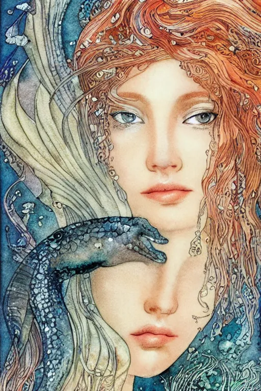 Image similar to mermaid face closeup surrounded by goldfish, art by luis royo and walter crane and kay nielsen, watercolor illustration, ultra sharp focus