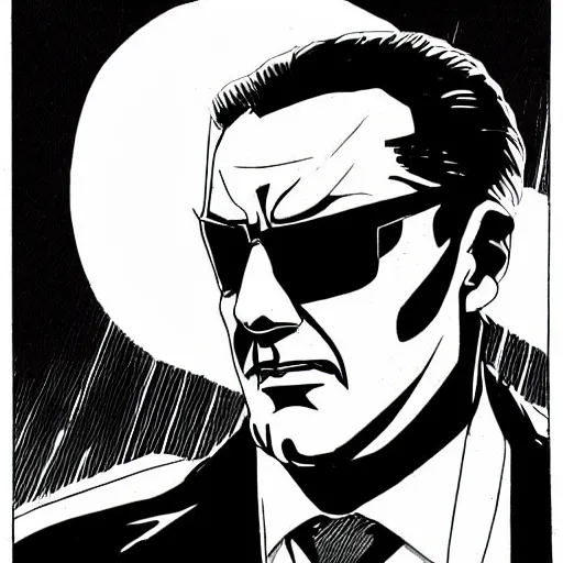 Image similar to a cyberpunk mafia boss with slicked back hair, in a cyberpunk setting, comic book art, cyberpunk, art by stan lee, pen drawing, inked, black and white, dark, moody, dramatic, deep shadows, marvel comics, dc comics