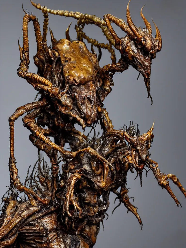 Image similar to photo taken of an epic intricate, ultra detailed, super realistic gritty, wet, slimy, lifelike sculpture of a nightmarish hellish insectoid creature created by weta workshop, menacing, some zoomed in shots, photorealistic, sharp focus, white wall coloured workshop, extremely cold blueish colour temperature, f 0. 4, full body shot, golden ratio