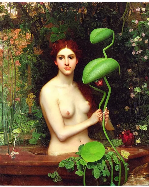 Prompt: portrait of aphrodite as a venus fly trap beautiful oil painting waterhouse