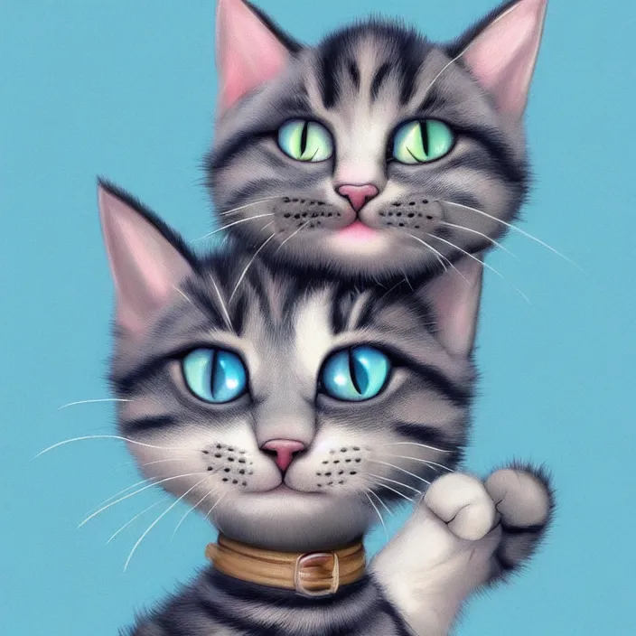 Image similar to cute cat of cheshire an adorable cat with light blue stripes, shiny eyes and a big human like playful smile. award - winning digital art, trending on artstation