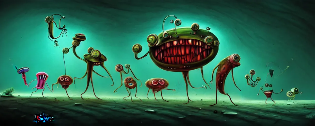 Image similar to wild whimsical plankton mutants from the depths of a wasteland deep in the imaginal realm, dramatic lighting, surreal fleischer cartoon characters, shallow dof, surreal painting by ronny khalil